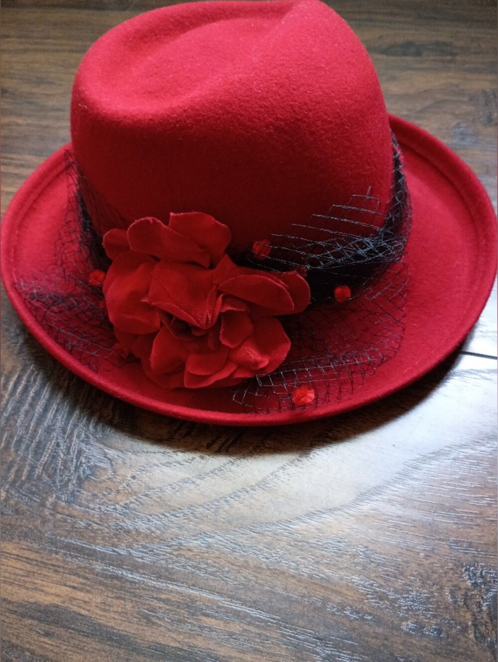 Red Floral 100% Wool Fedora Hat - Women Accessories